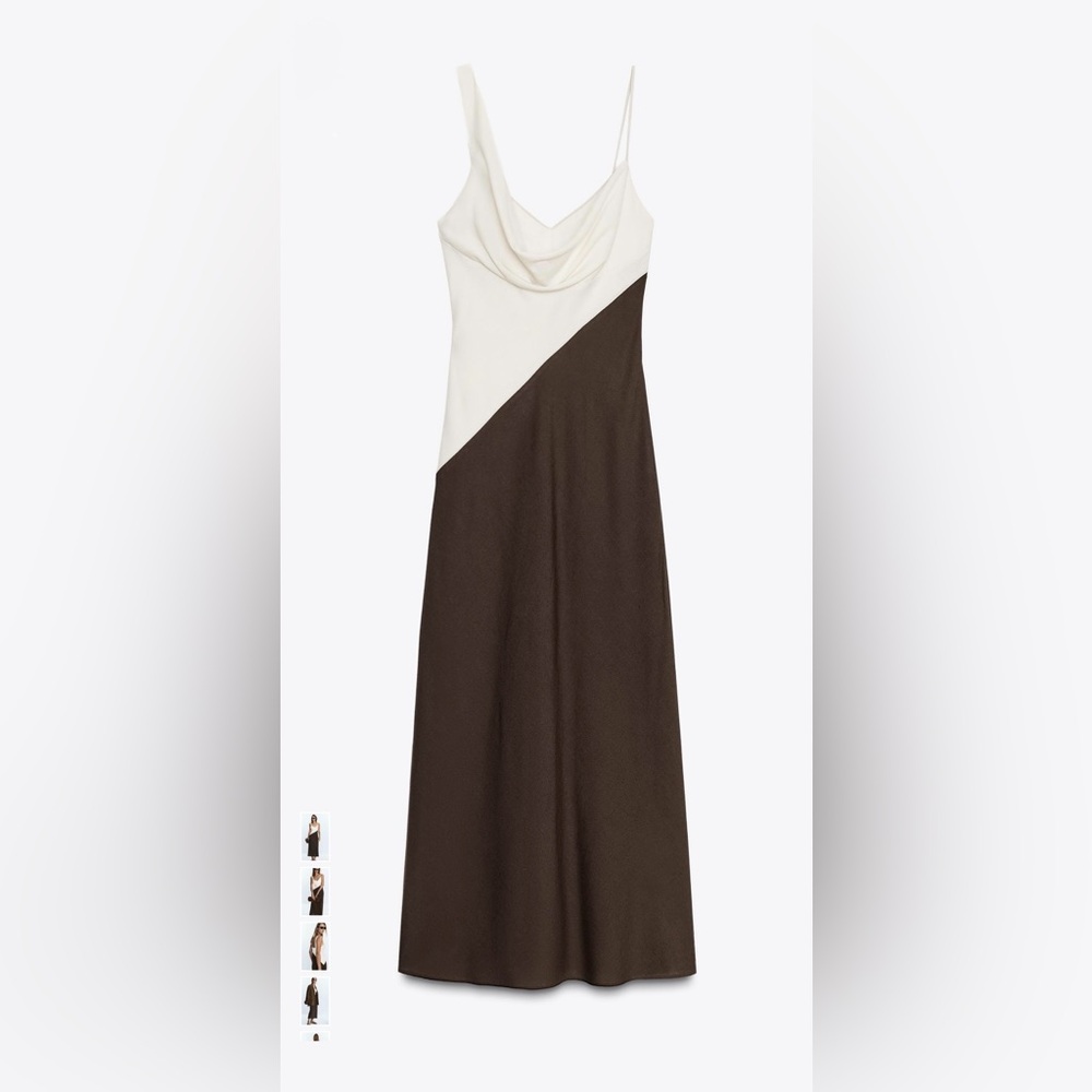 Zara Two-Tone Asymmetrical Slip Dress in Cream and Brown - Picture 8 of 11
